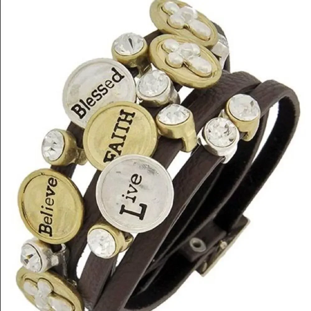 Worded Wrap Bracelet Brown Faux Leather 37 inches - Picture 2 of 5